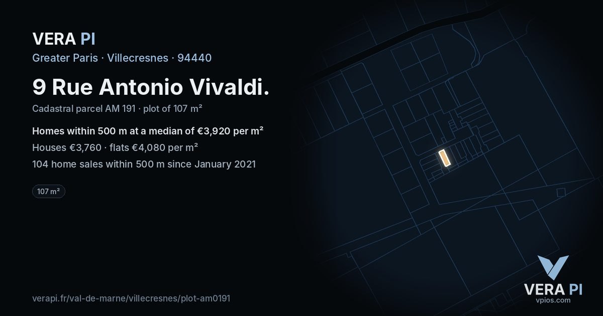 9 Rue Antonio Vivaldi, Villecresnes at night – the plot lit, the parcels around coloured by the prices near them