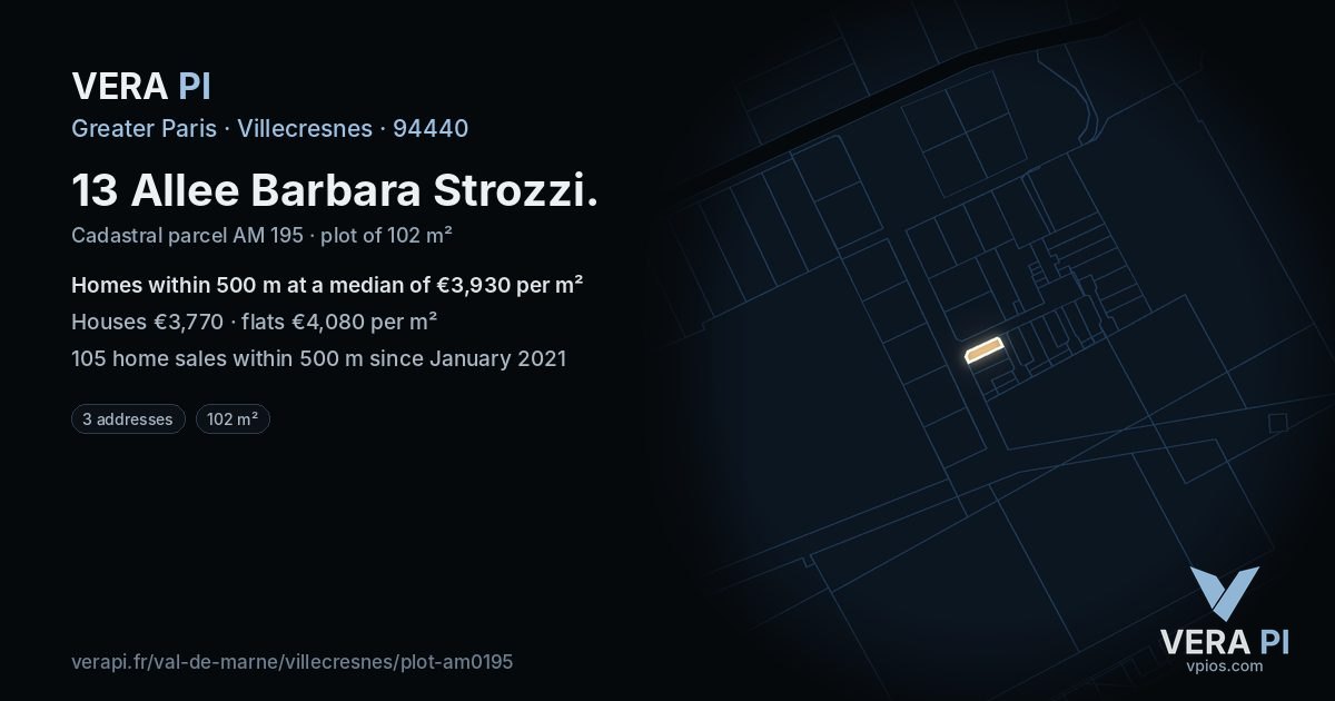 13 Allee Barbara Strozzi, Villecresnes at night – the plot lit, the parcels around coloured by the prices near them