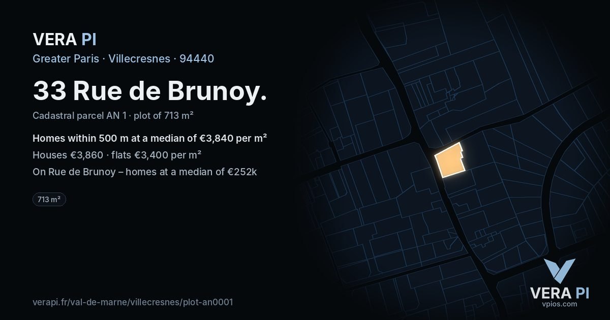33 Rue de Brunoy, Villecresnes at night – the plot lit, the parcels around coloured by the prices near them
