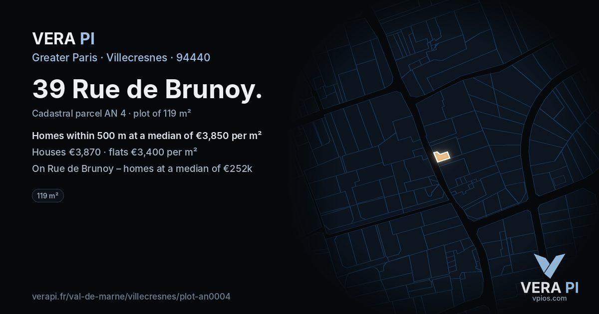 39 Rue de Brunoy, Villecresnes at night – the plot lit, the parcels around coloured by the prices near them