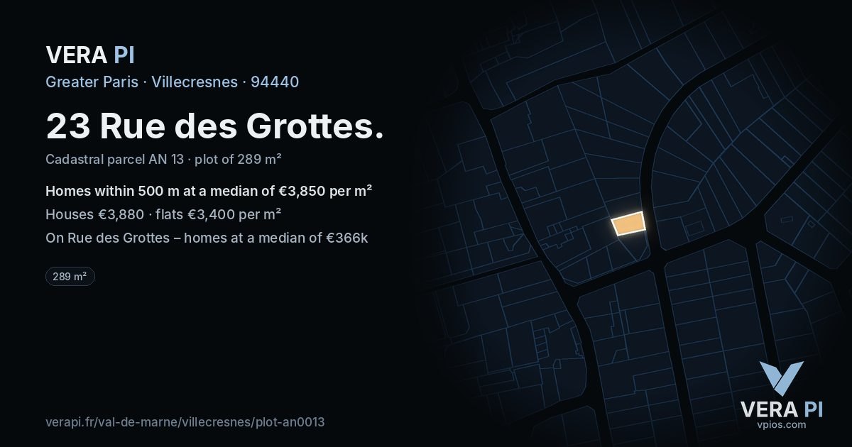 23 Rue des Grottes, Villecresnes at night – the plot lit, the parcels around coloured by the prices near them