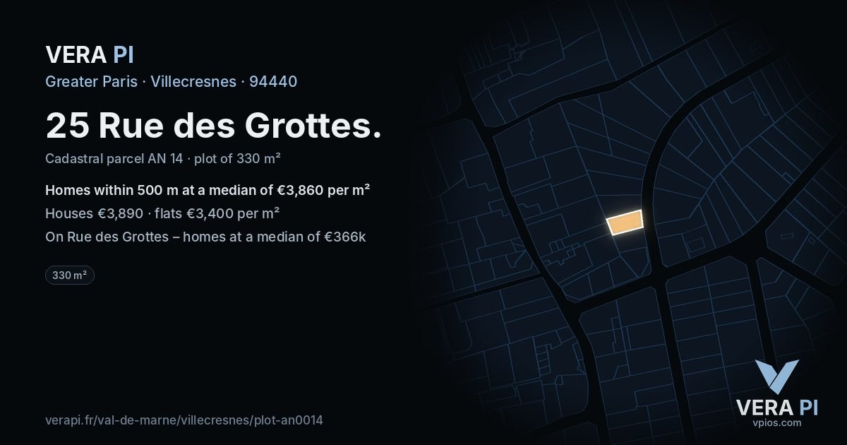25 Rue des Grottes, Villecresnes at night – the plot lit, the parcels around coloured by the prices near them