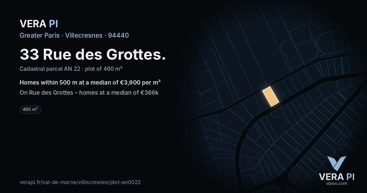 33 Rue des Grottes, Villecresnes at night – the plot lit, the parcels around coloured by the prices near them