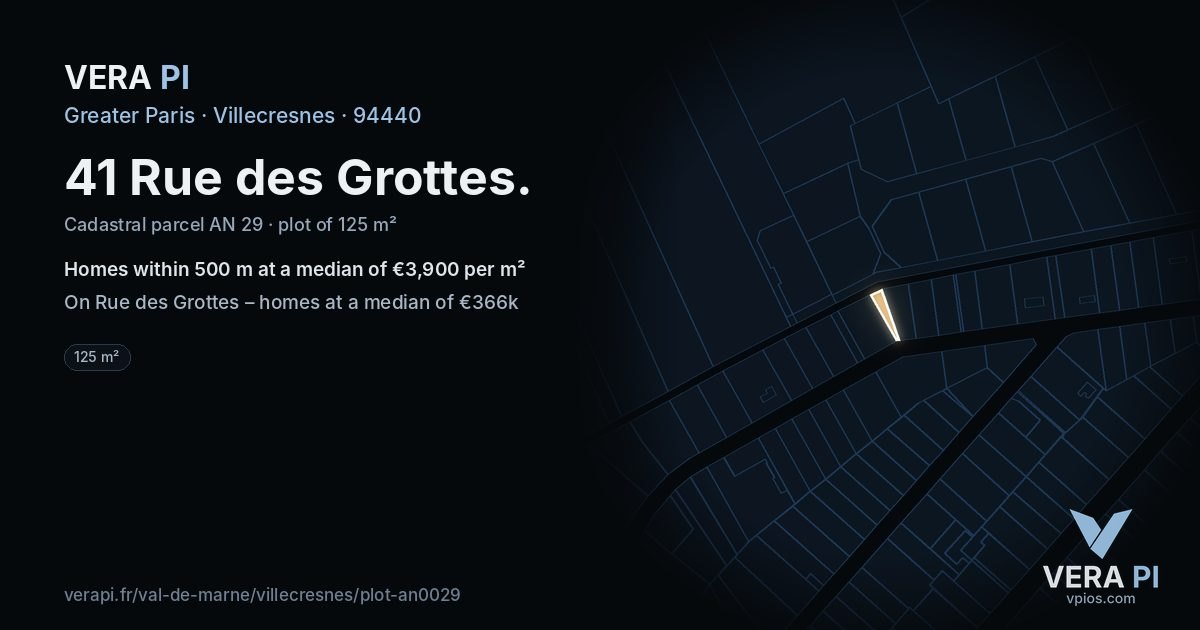 41 Rue des Grottes, Villecresnes at night – the plot lit, the parcels around coloured by the prices near them
