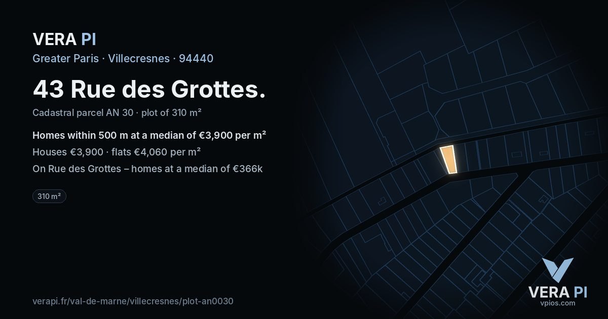 43 Rue des Grottes, Villecresnes at night – the plot lit, the parcels around coloured by the prices near them