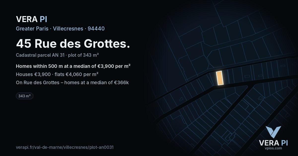 45 Rue des Grottes, Villecresnes at night – the plot lit, the parcels around coloured by the prices near them