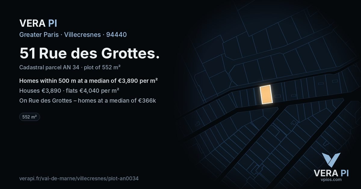 51 Rue des Grottes, Villecresnes at night – the plot lit, the parcels around coloured by the prices near them
