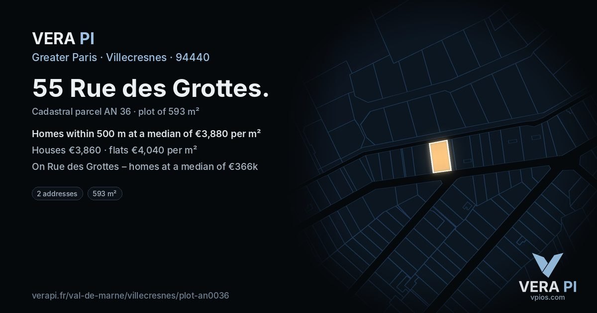 55 Rue des Grottes, Villecresnes at night – the plot lit, the parcels around coloured by the prices near them