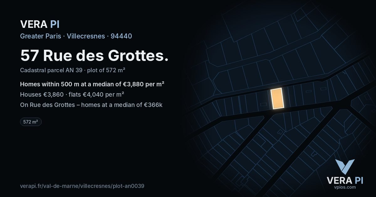 57 Rue des Grottes, Villecresnes at night – the plot lit, the parcels around coloured by the prices near them