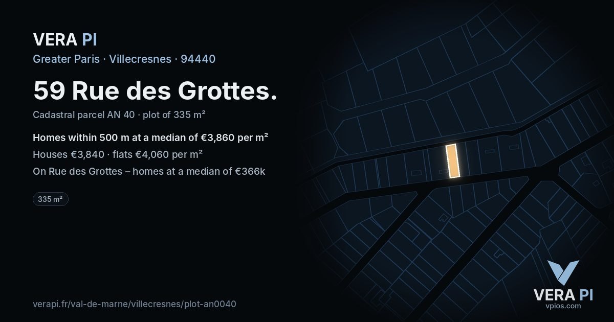 59 Rue des Grottes, Villecresnes at night – the plot lit, the parcels around coloured by the prices near them