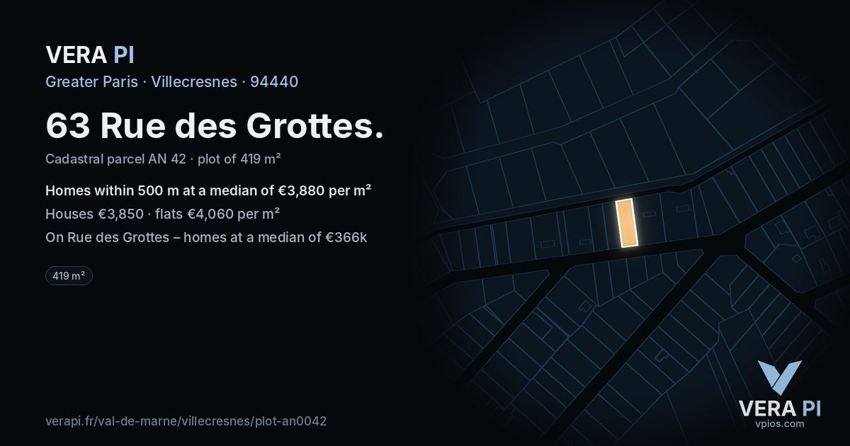 63 Rue des Grottes, Villecresnes at night – the plot lit, the parcels around coloured by the prices near them