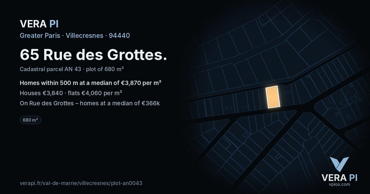 65 Rue des Grottes, Villecresnes at night – the plot lit, the parcels around coloured by the prices near them