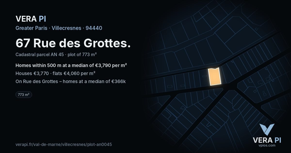 67 Rue des Grottes, Villecresnes at night – the plot lit, the parcels around coloured by the prices near them