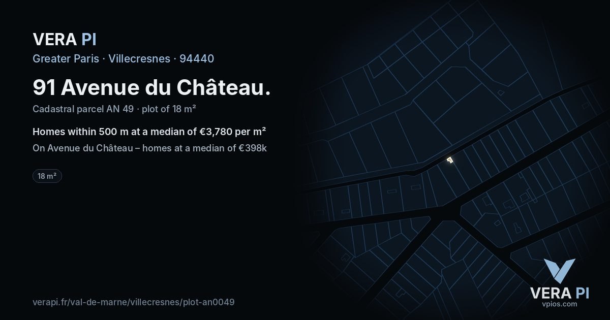 91 Avenue du Château, Villecresnes at night – the plot lit, the parcels around coloured by the prices near them