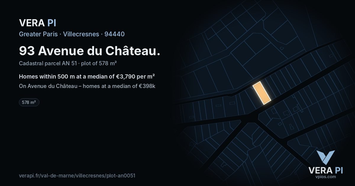 93 Avenue du Château, Villecresnes at night – the plot lit, the parcels around coloured by the prices near them