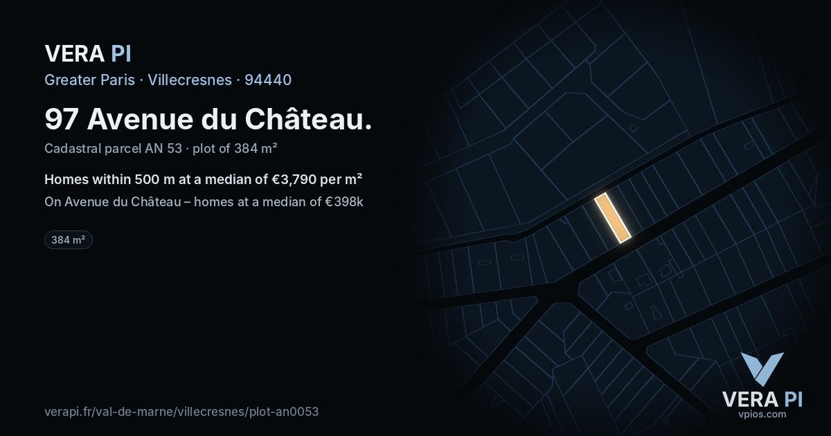97 Avenue du Château, Villecresnes at night – the plot lit, the parcels around coloured by the prices near them