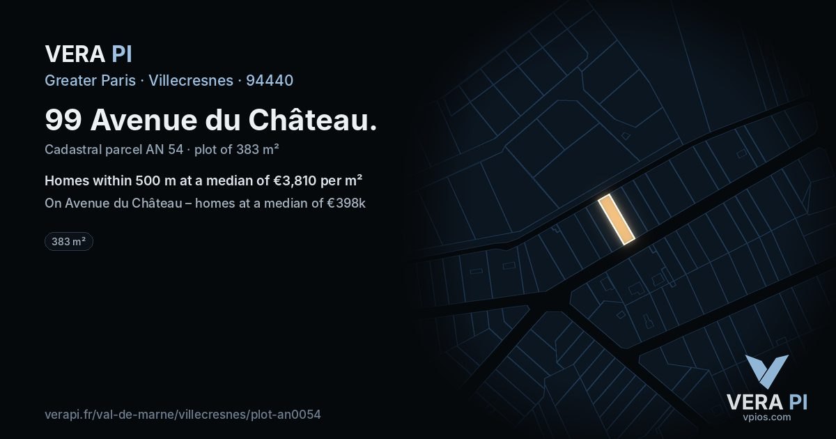 99 Avenue du Château, Villecresnes at night – the plot lit, the parcels around coloured by the prices near them