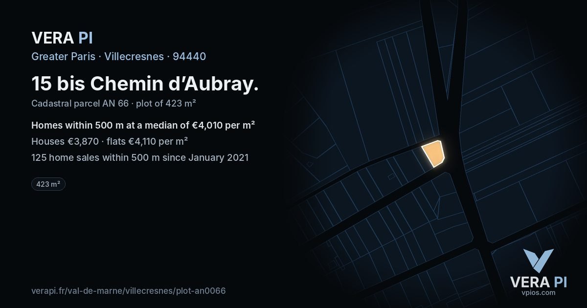 15 bis Chemin d’Aubray, Villecresnes at night – the plot lit, the parcels around coloured by the prices near them