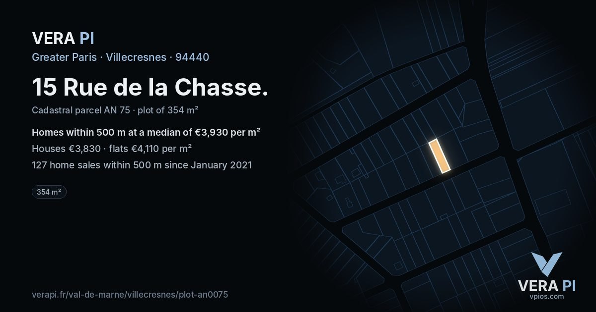 15 Rue de la Chasse, Villecresnes at night – the plot lit, the parcels around coloured by the prices near them