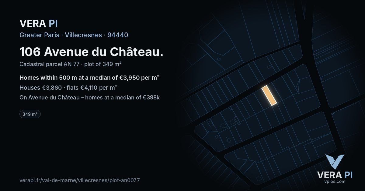 106 Avenue du Château, Villecresnes at night – the plot lit, the parcels around coloured by the prices near them
