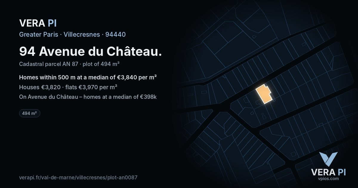 94 Avenue du Château, Villecresnes at night – the plot lit, the parcels around coloured by the prices near them