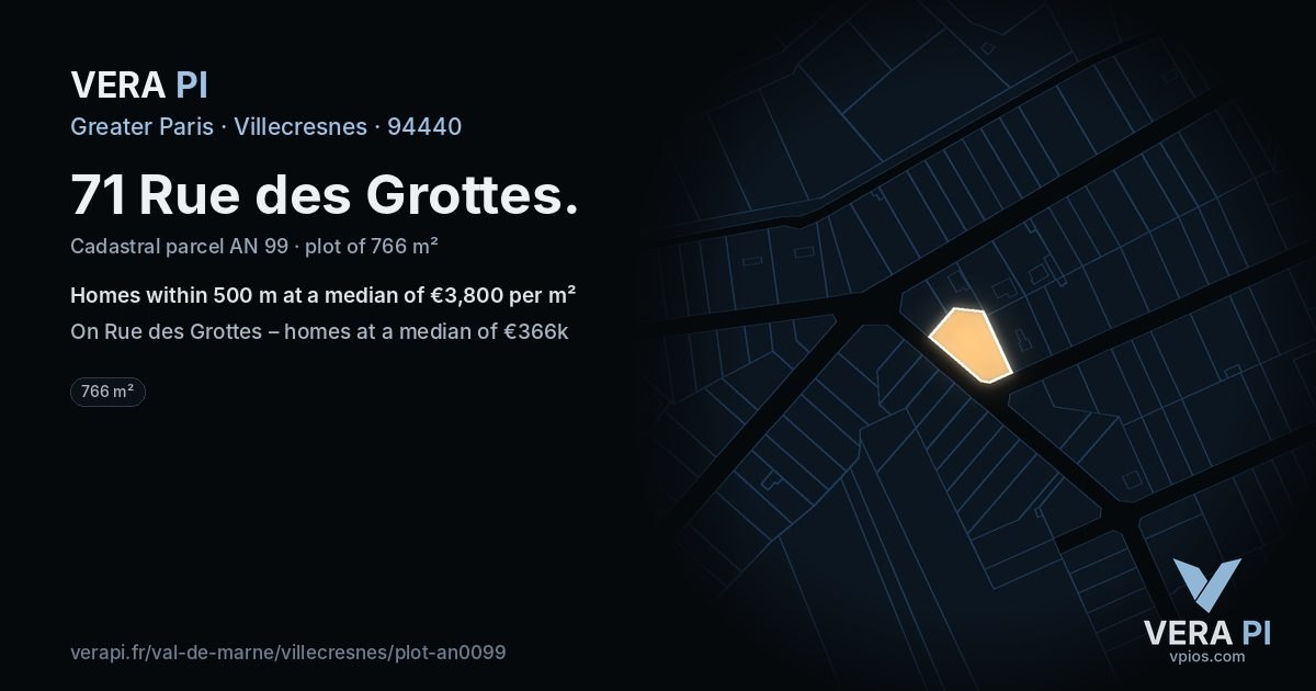 71 Rue des Grottes, Villecresnes at night – the plot lit, the parcels around coloured by the prices near them