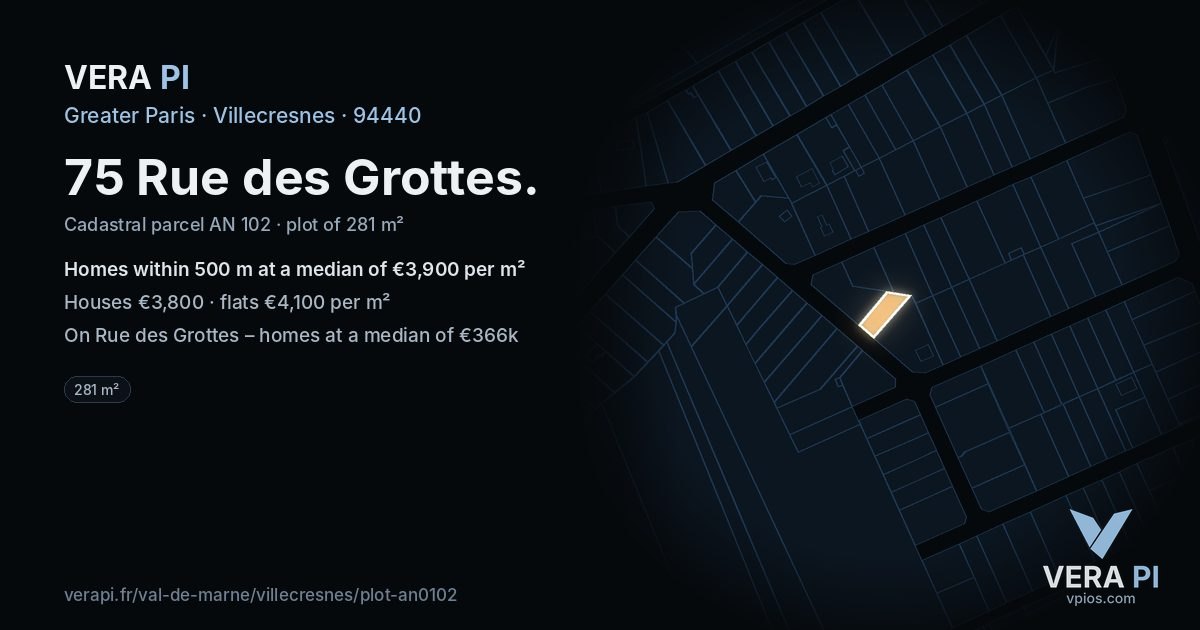 75 Rue des Grottes, Villecresnes at night – the plot lit, the parcels around coloured by the prices near them
