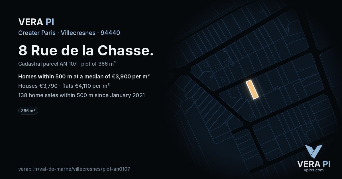 8 Rue de la Chasse, Villecresnes at night – the plot lit, the parcels around coloured by the prices near them