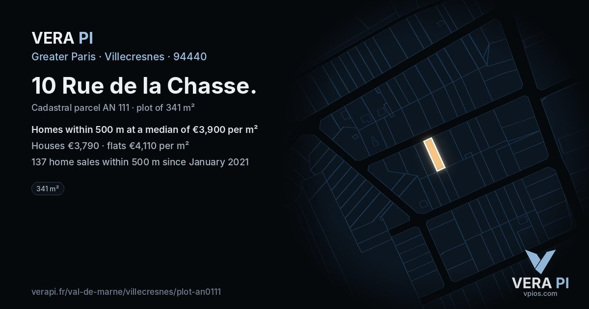 10 Rue de la Chasse, Villecresnes at night – the plot lit, the parcels around coloured by the prices near them
