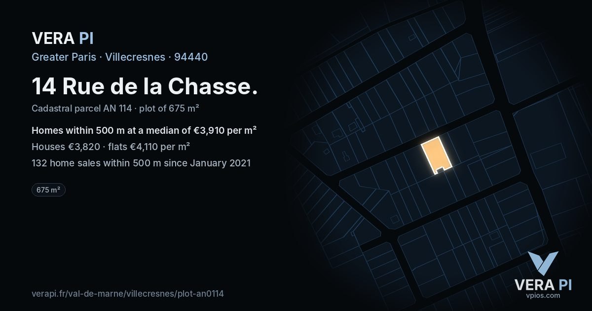 14 Rue de la Chasse, Villecresnes at night – the plot lit, the parcels around coloured by the prices near them