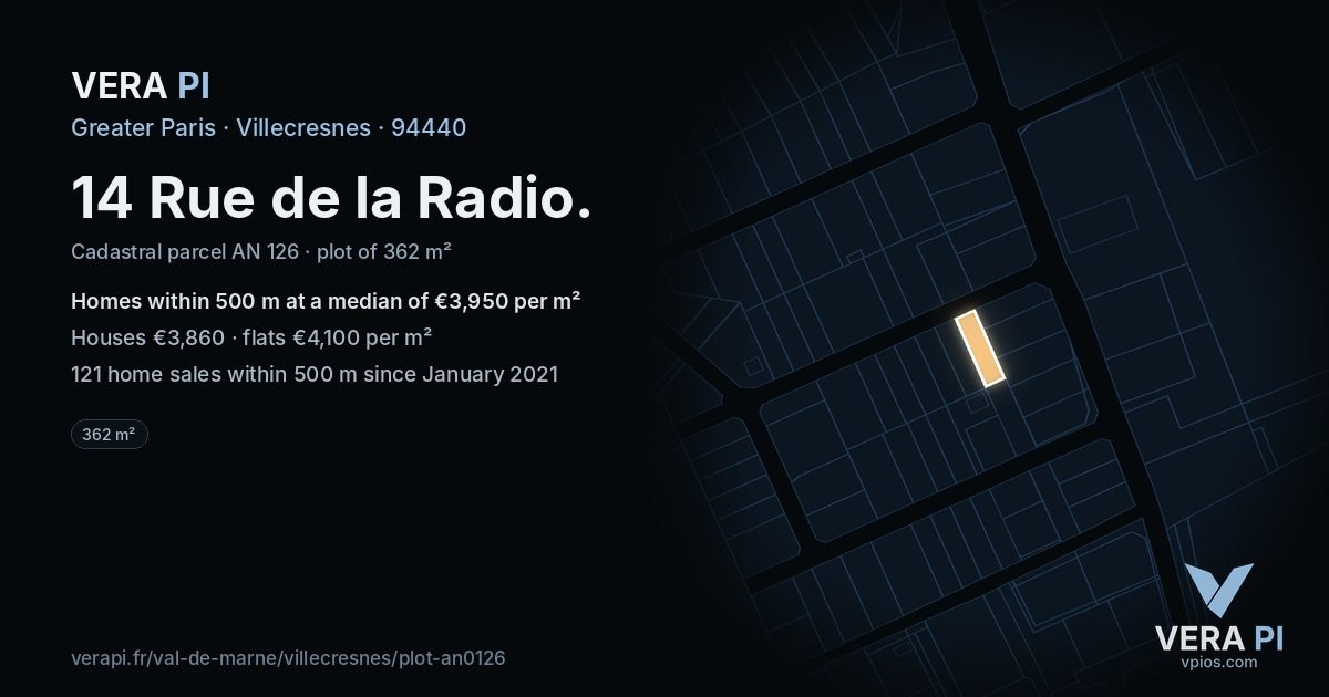 14 Rue de la Radio, Villecresnes at night – the plot lit, the parcels around coloured by the prices near them