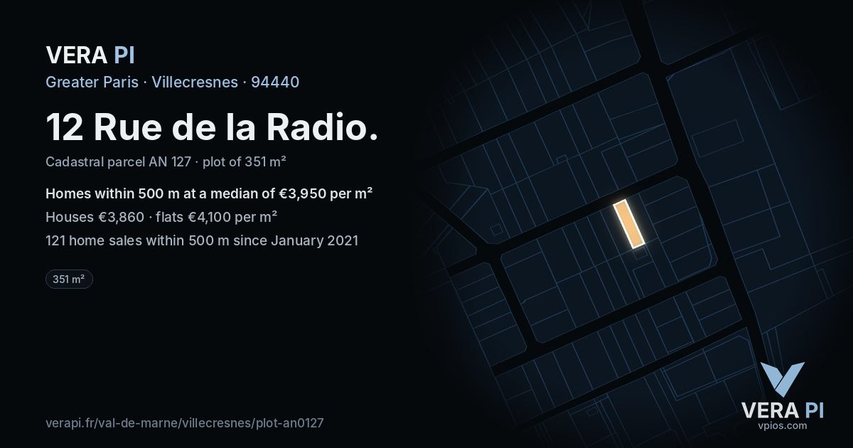 12 Rue de la Radio, Villecresnes at night – the plot lit, the parcels around coloured by the prices near them