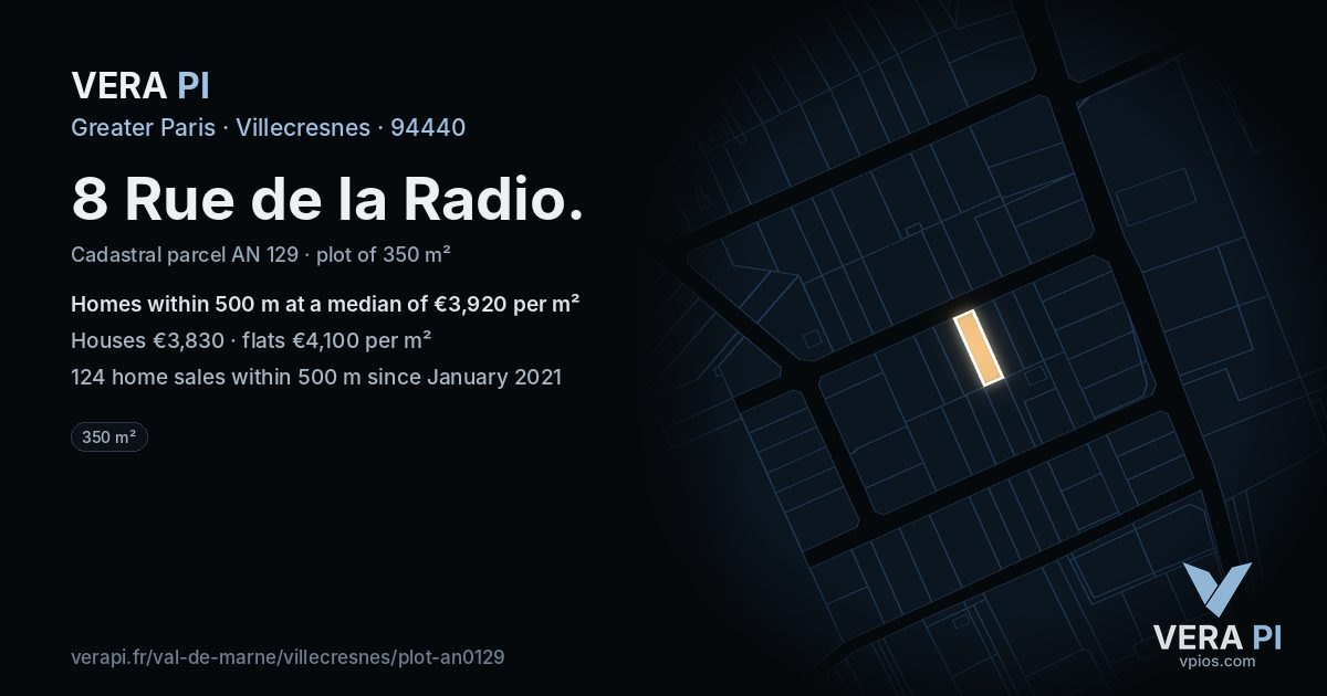 8 Rue de la Radio, Villecresnes at night – the plot lit, the parcels around coloured by the prices near them