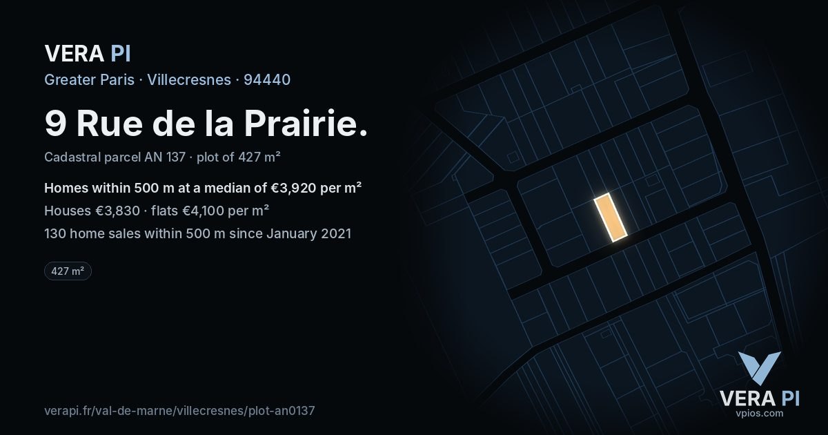 9 Rue de la Prairie, Villecresnes at night – the plot lit, the parcels around coloured by the prices near them