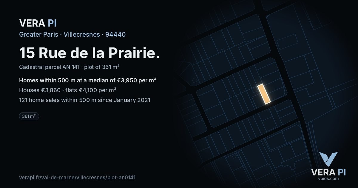 15 Rue de la Prairie, Villecresnes at night – the plot lit, the parcels around coloured by the prices near them