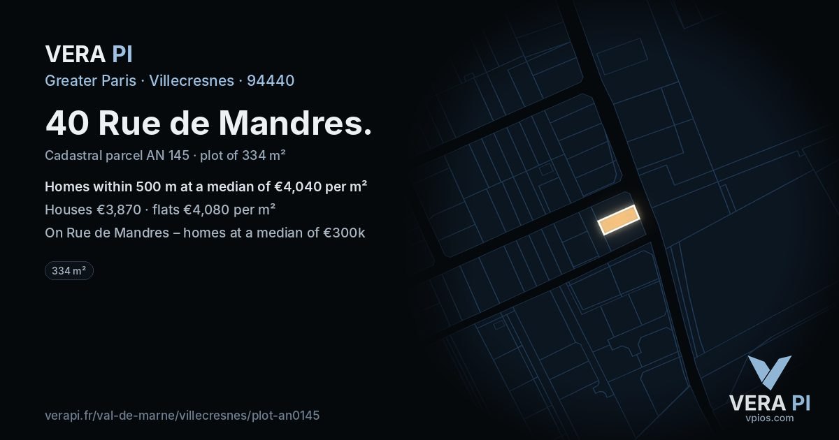 40 Rue de Mandres, Villecresnes at night – the plot lit, the parcels around coloured by the prices near them