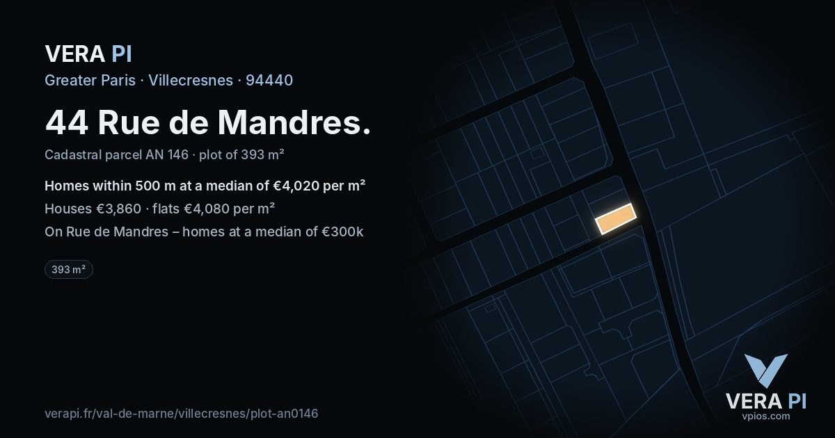 44 Rue de Mandres, Villecresnes at night – the plot lit, the parcels around coloured by the prices near them