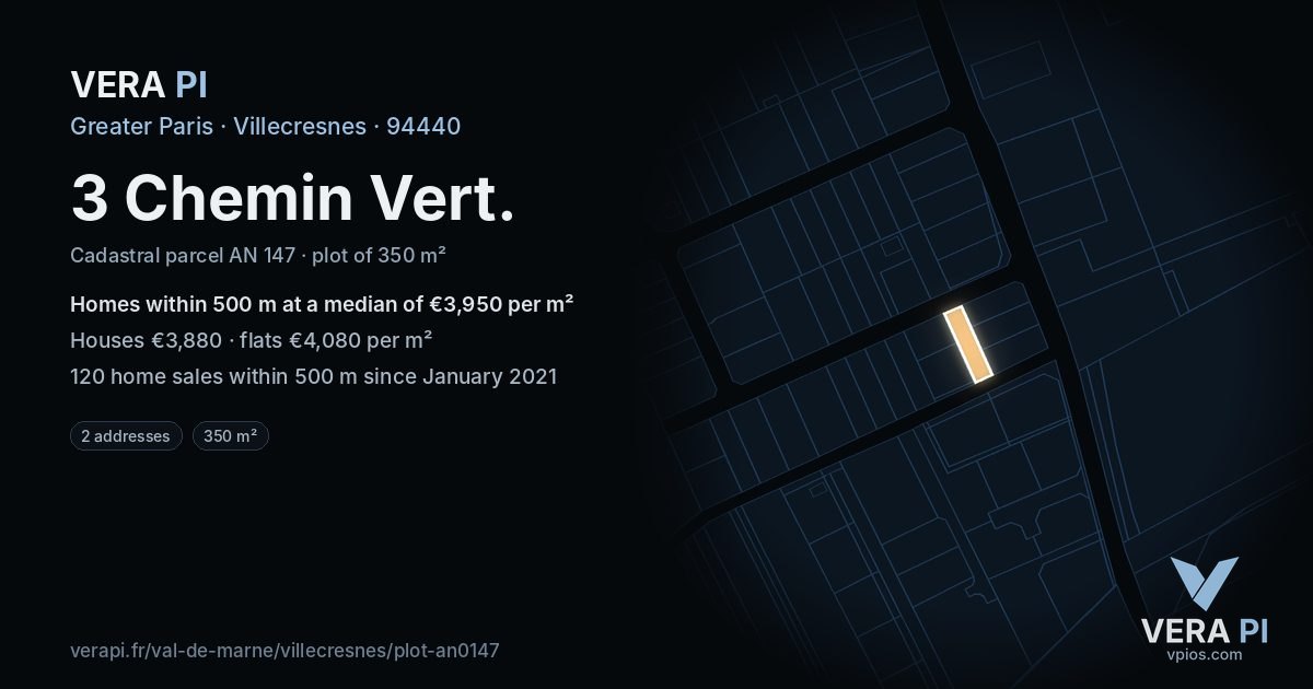3 Chemin Vert, Villecresnes at night – the plot lit, the parcels around coloured by the prices near them