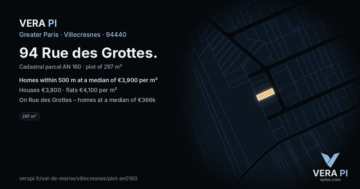 94 Rue des Grottes, Villecresnes at night – the plot lit, the parcels around coloured by the prices near them