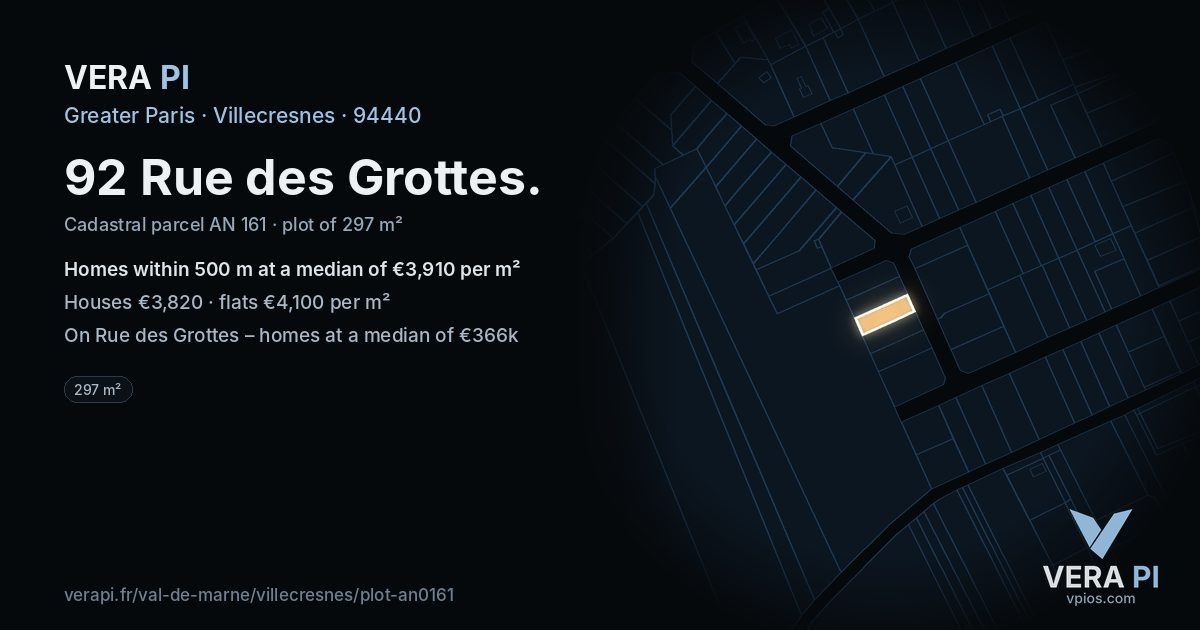 92 Rue des Grottes, Villecresnes at night – the plot lit, the parcels around coloured by the prices near them