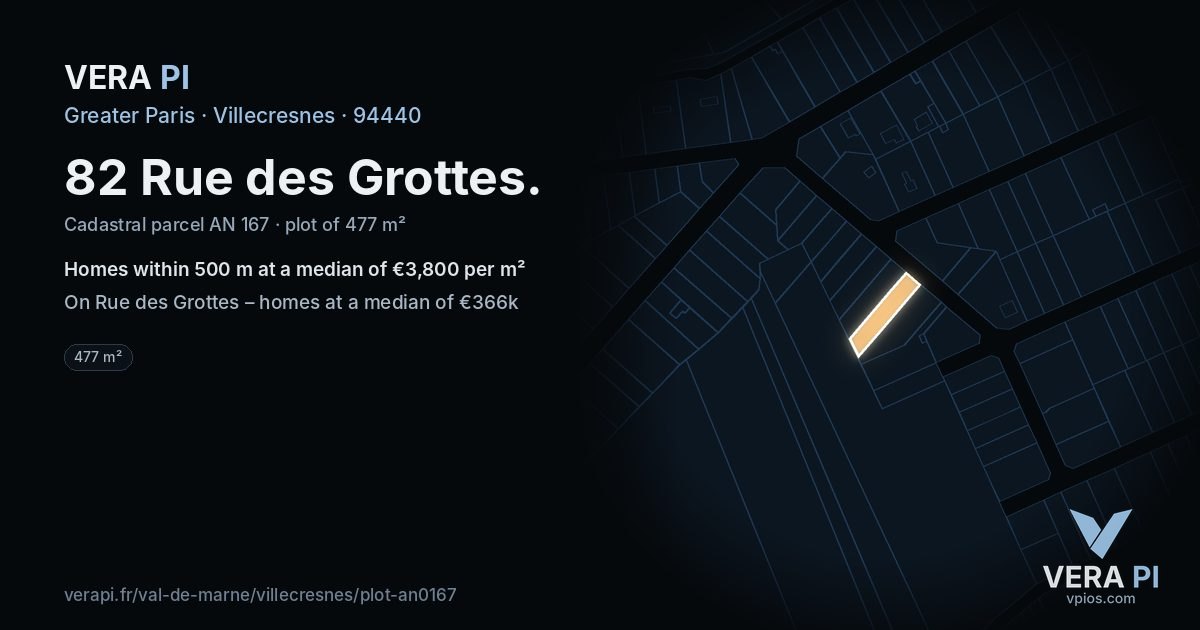 82 Rue des Grottes, Villecresnes at night – the plot lit, the parcels around coloured by the prices near them