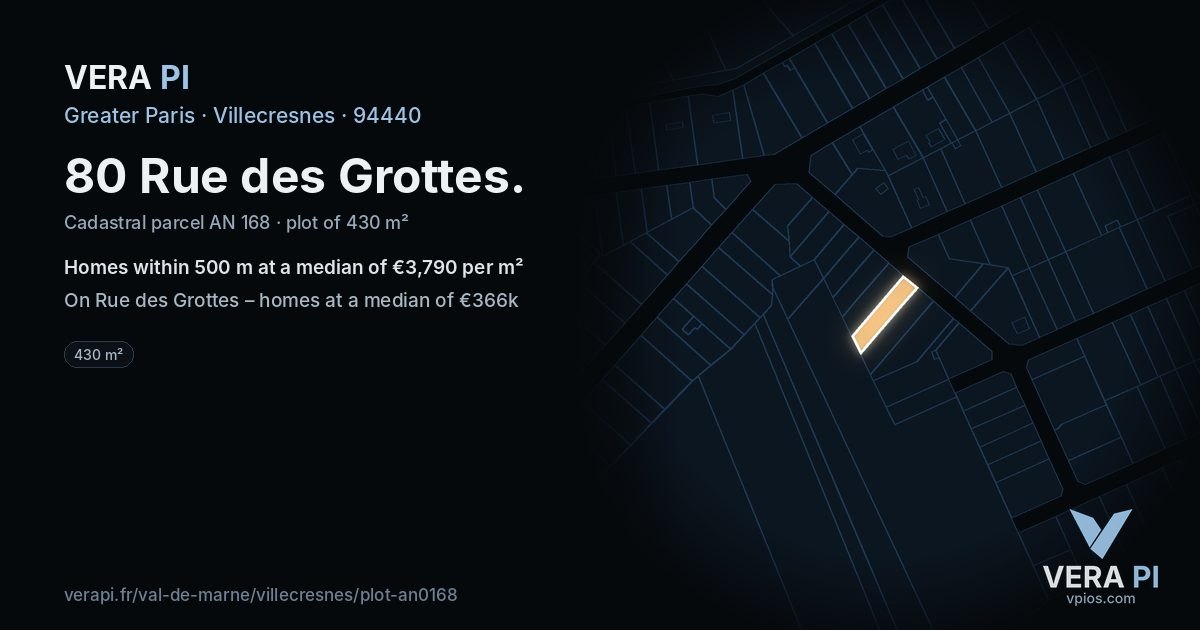80 Rue des Grottes, Villecresnes at night – the plot lit, the parcels around coloured by the prices near them