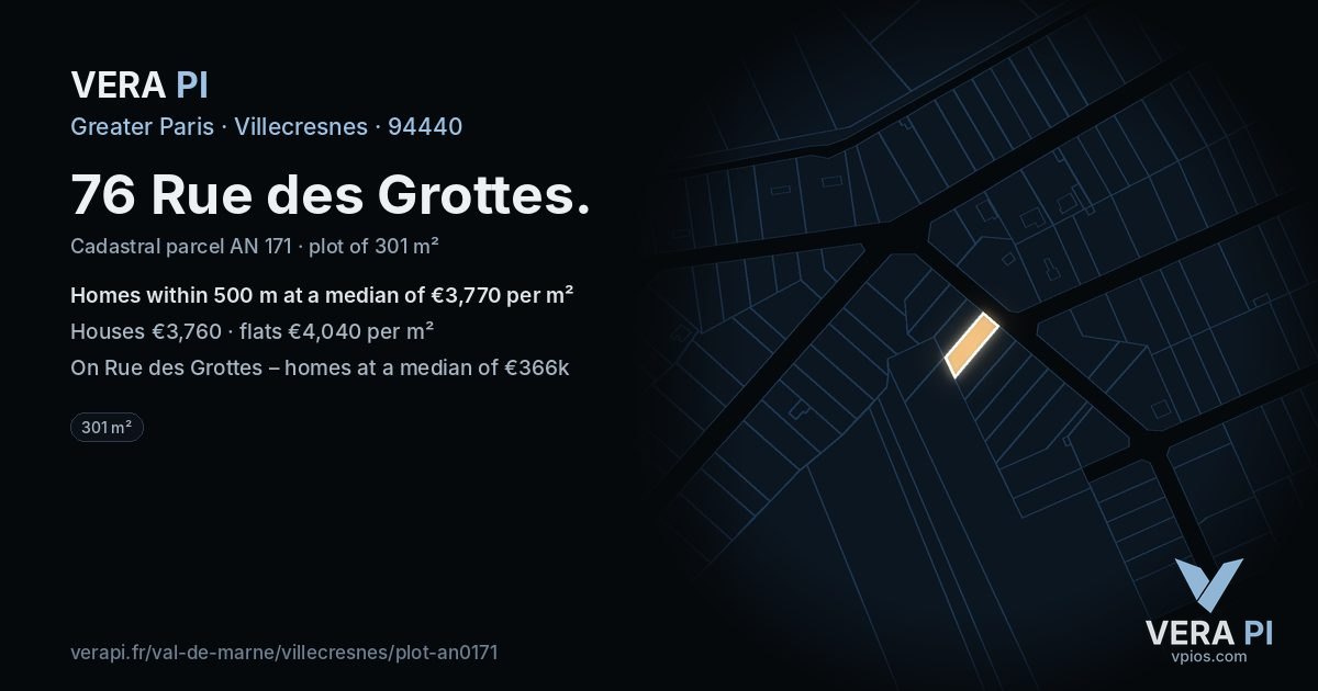 76 Rue des Grottes, Villecresnes at night – the plot lit, the parcels around coloured by the prices near them