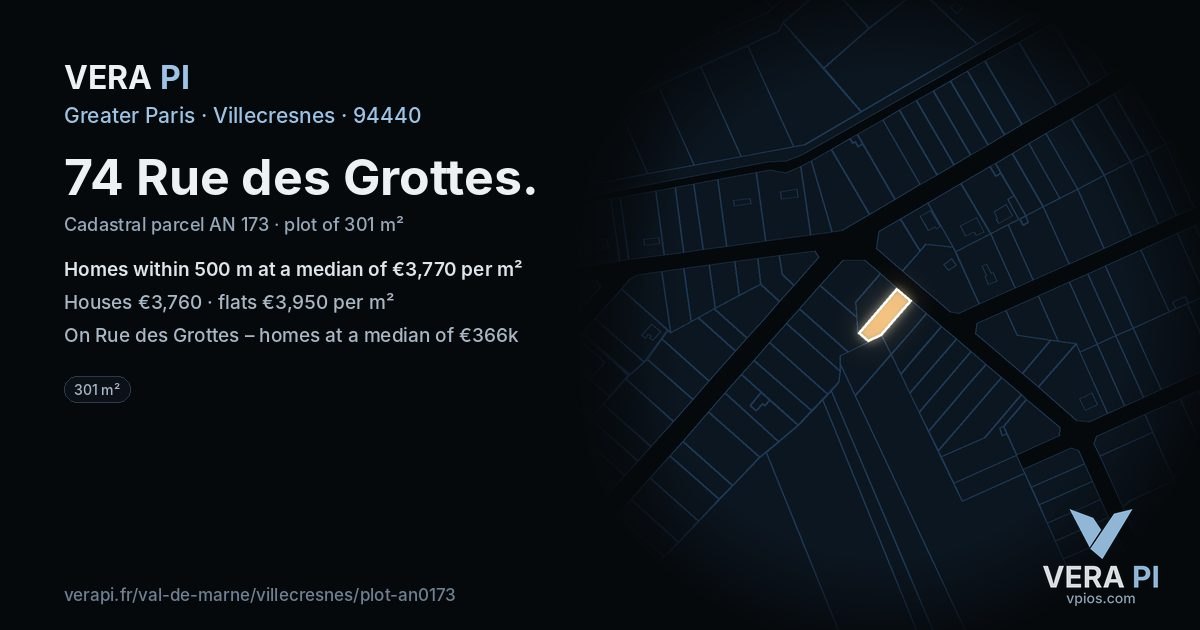 74 Rue des Grottes, Villecresnes at night – the plot lit, the parcels around coloured by the prices near them