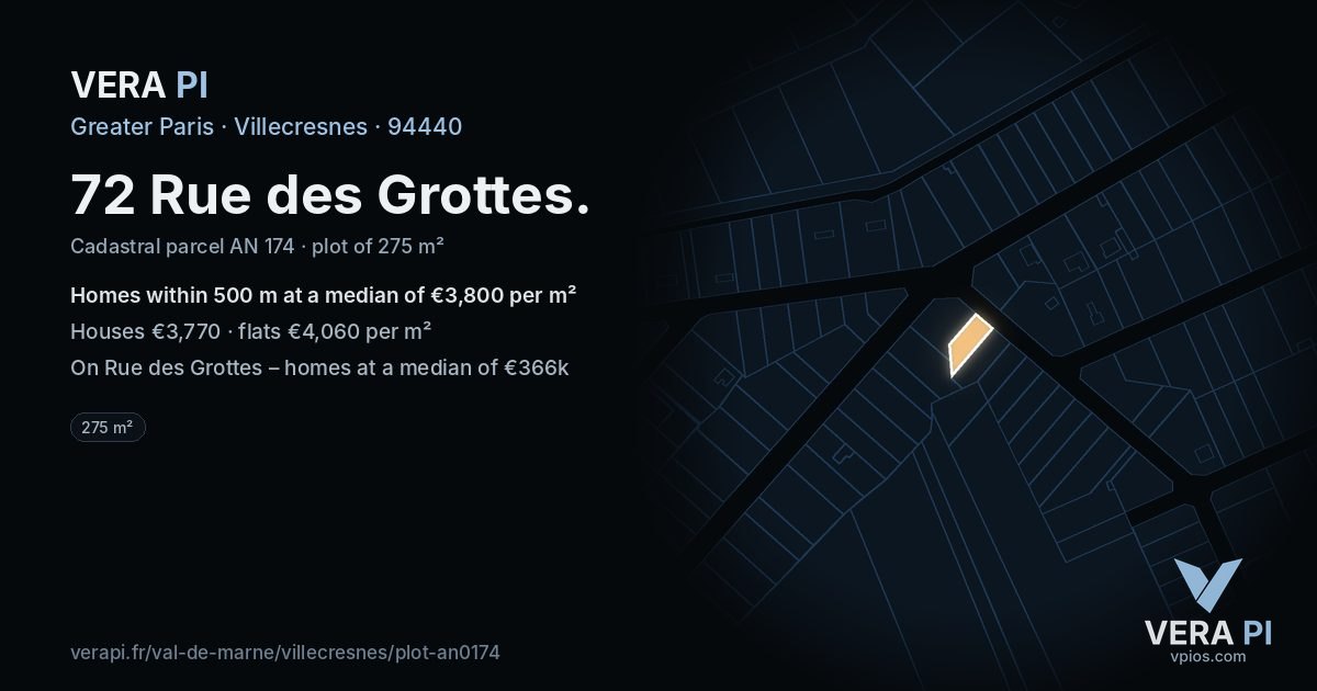 72 Rue des Grottes, Villecresnes at night – the plot lit, the parcels around coloured by the prices near them