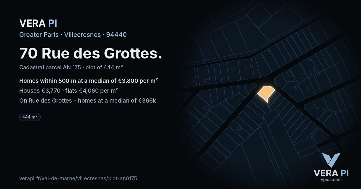 70 Rue des Grottes, Villecresnes at night – the plot lit, the parcels around coloured by the prices near them