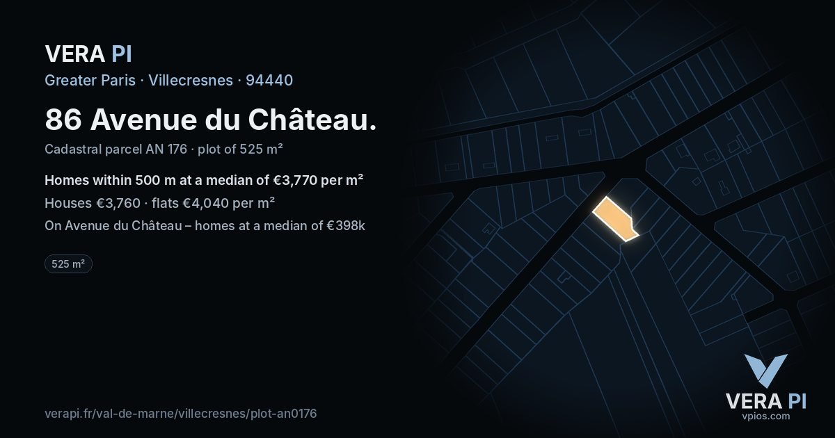 86 Avenue du Château, Villecresnes at night – the plot lit, the parcels around coloured by the prices near them