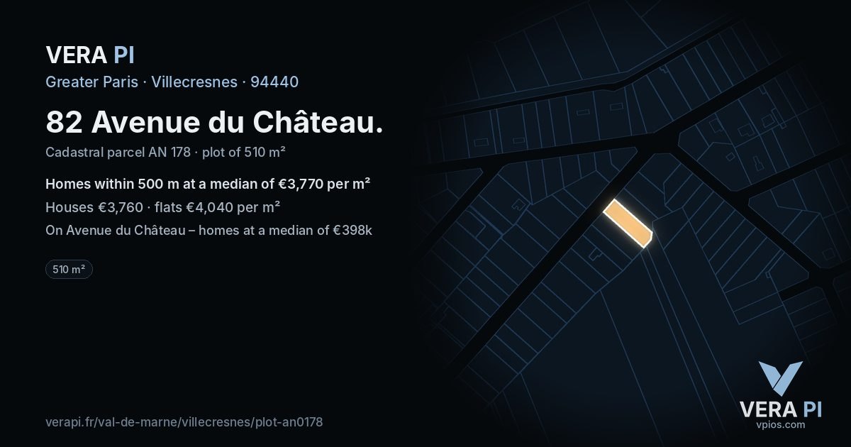 82 Avenue du Château, Villecresnes at night – the plot lit, the parcels around coloured by the prices near them