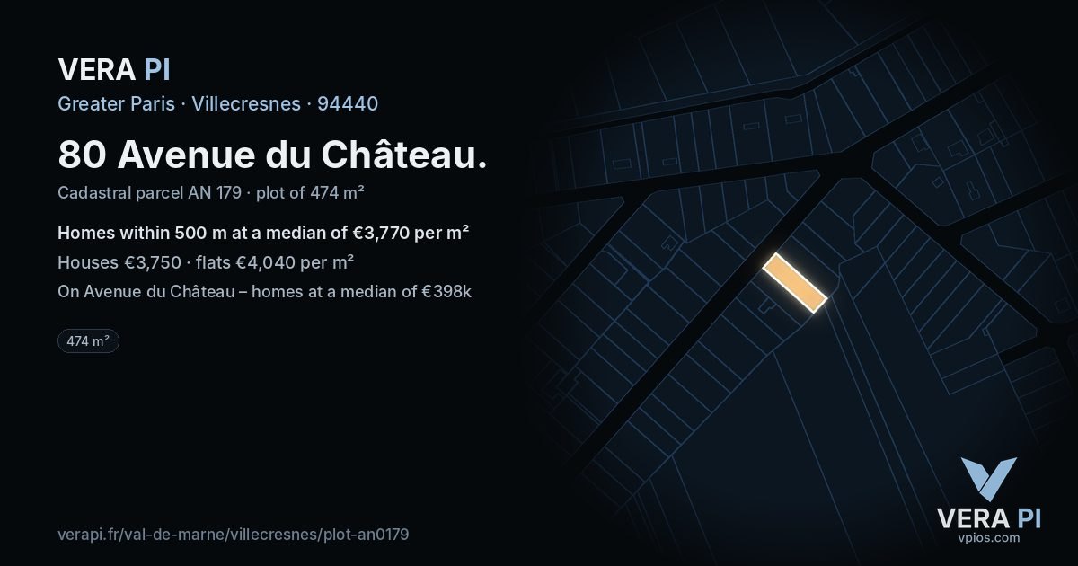 80 Avenue du Château, Villecresnes at night – the plot lit, the parcels around coloured by the prices near them