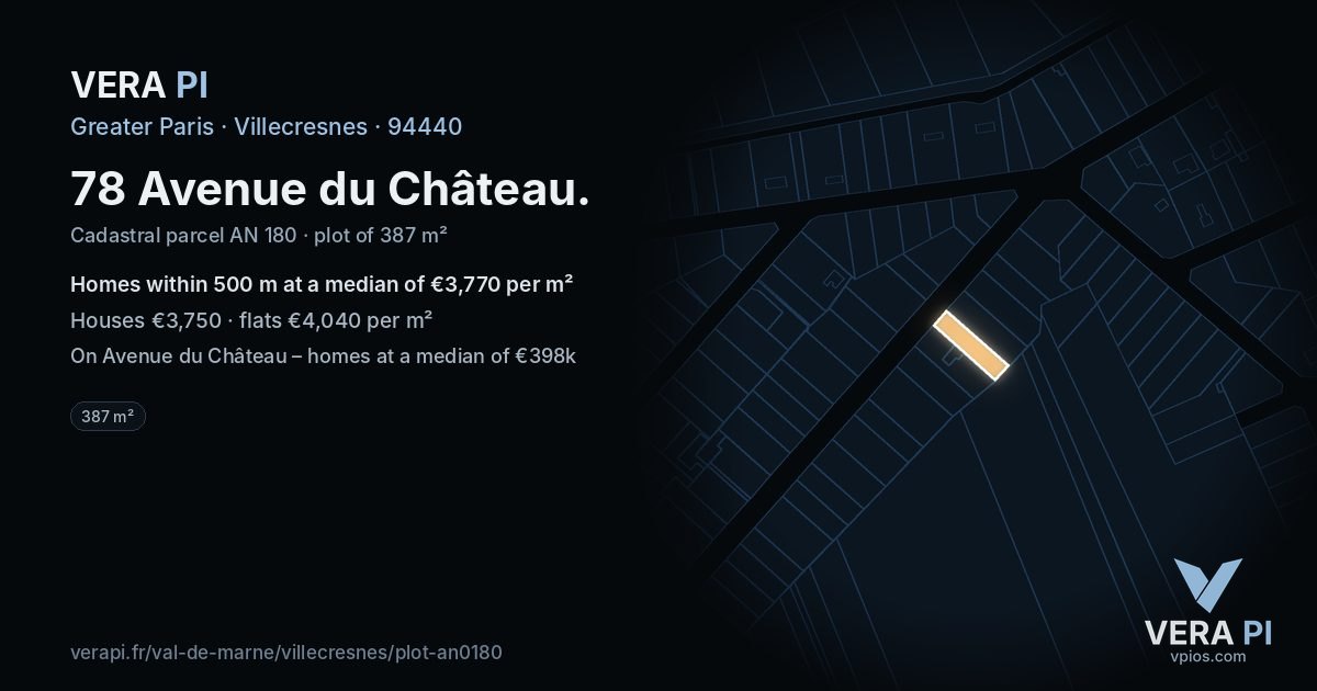 78 Avenue du Château, Villecresnes at night – the plot lit, the parcels around coloured by the prices near them